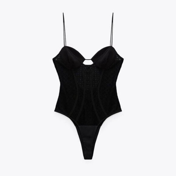 NWOT Zara black matching lace-like accented corsetry-inspired bodysuit, S - Picture 7 of 16